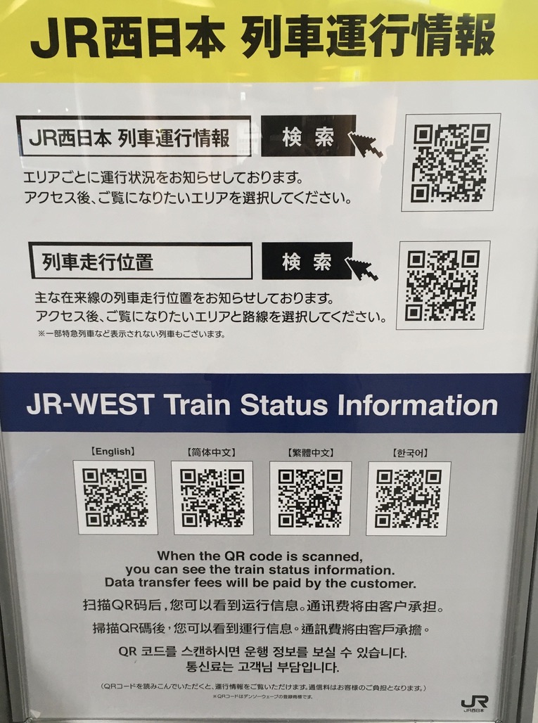 日本語、英語、漢語、朝鮮語。それぞれ別のQRコード。